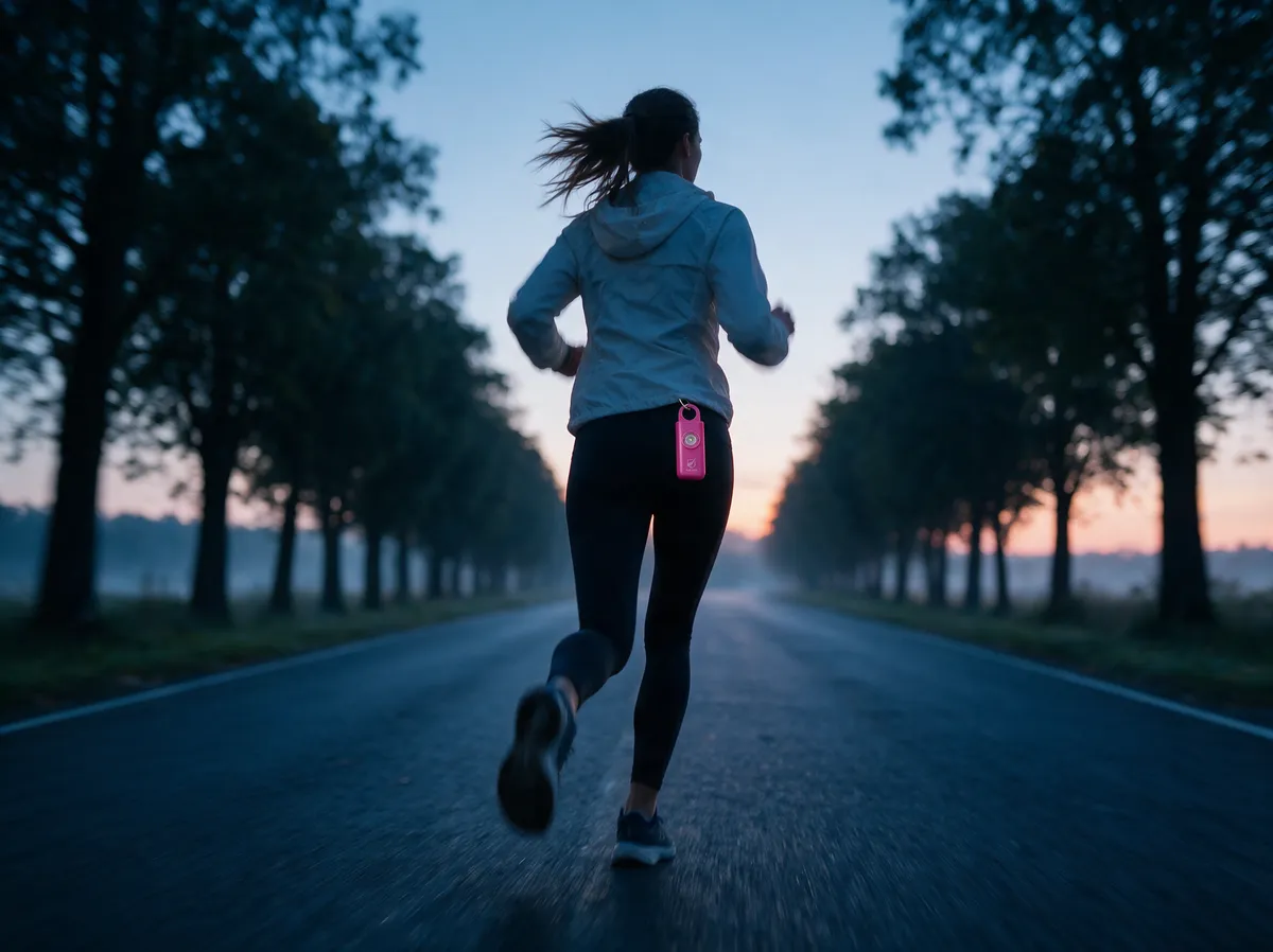 A woman running at dawn on a quiet road with the magenta siren clipped at her waistband
