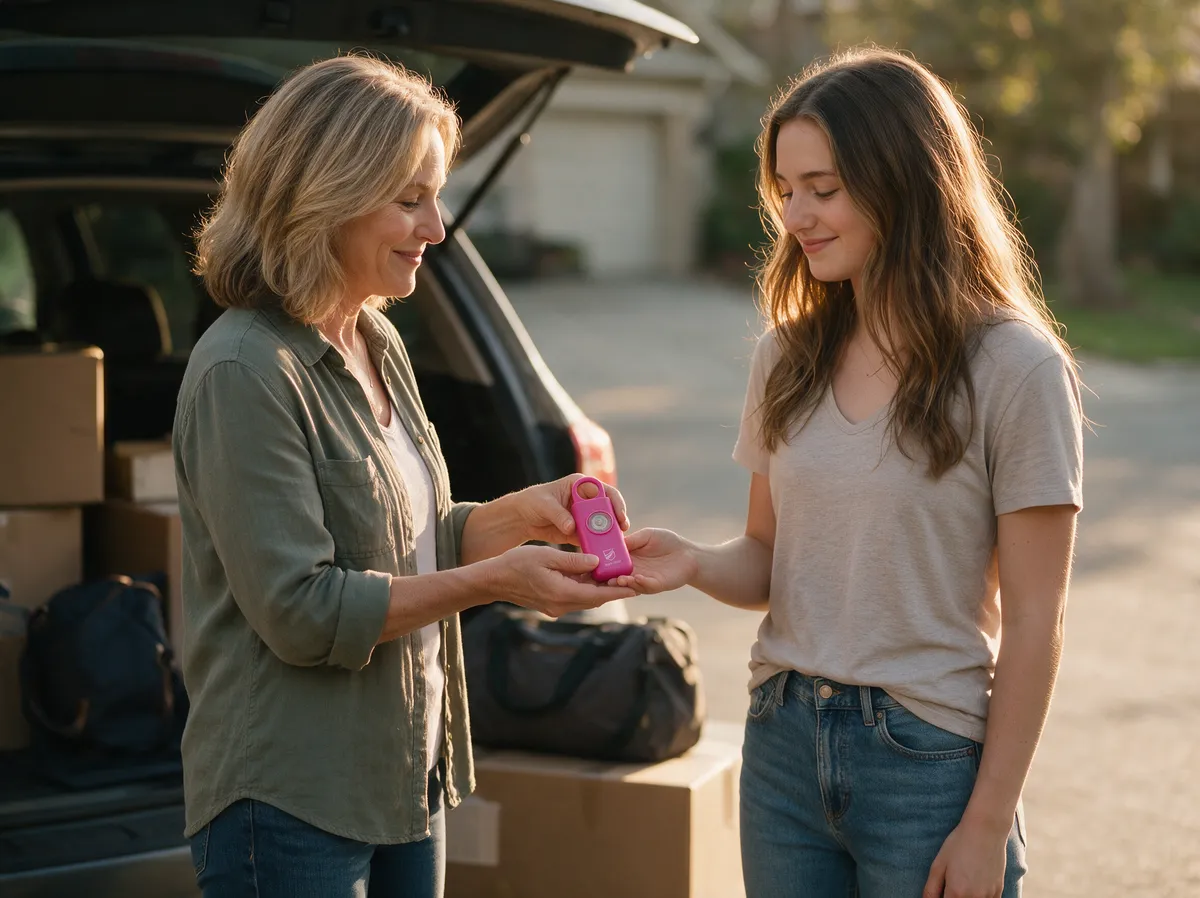 A mother placing a magenta siren into her college-age daughter's hand beside a packed car
