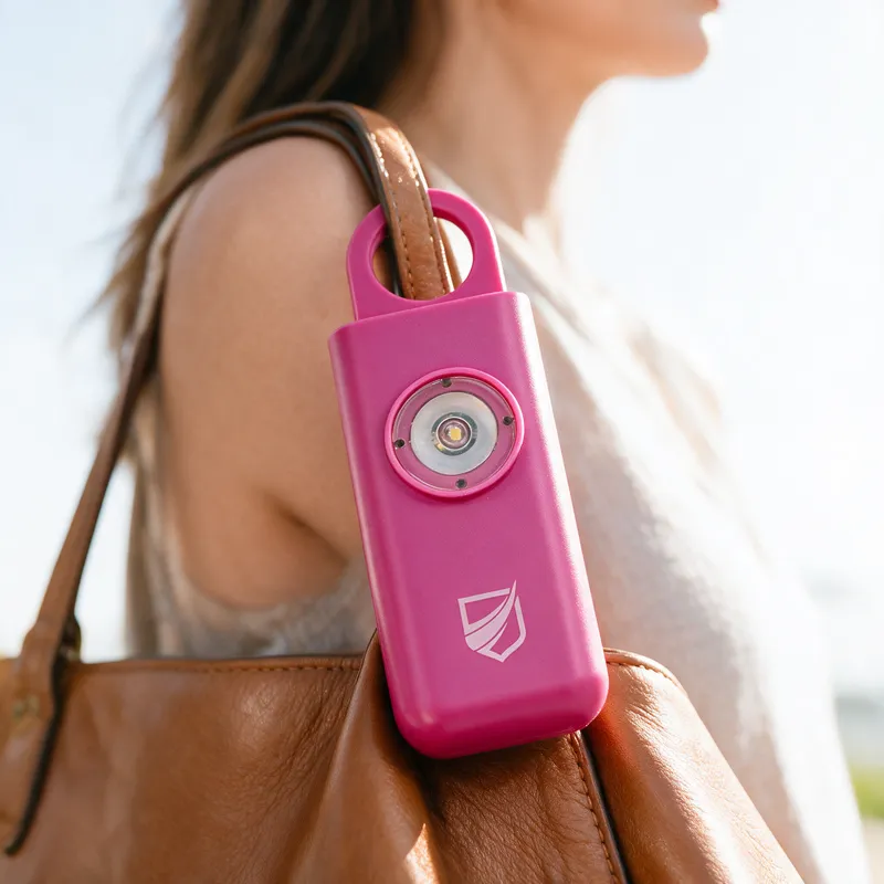 The magenta siren clipped to the strap of a tan leather handbag in daylight