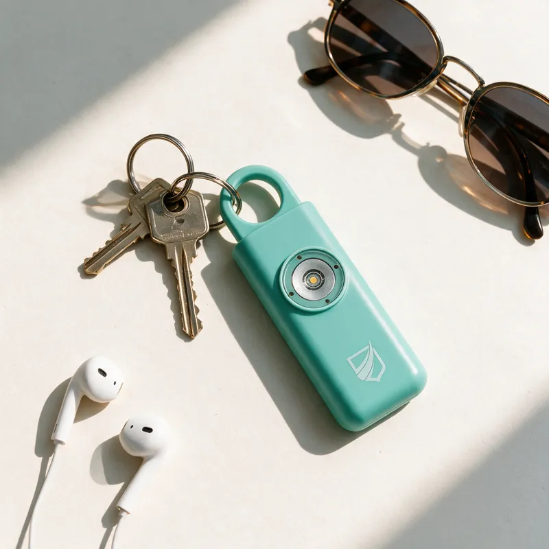 The mint siren laid out with keys, earbuds and sunglasses on a pale surface