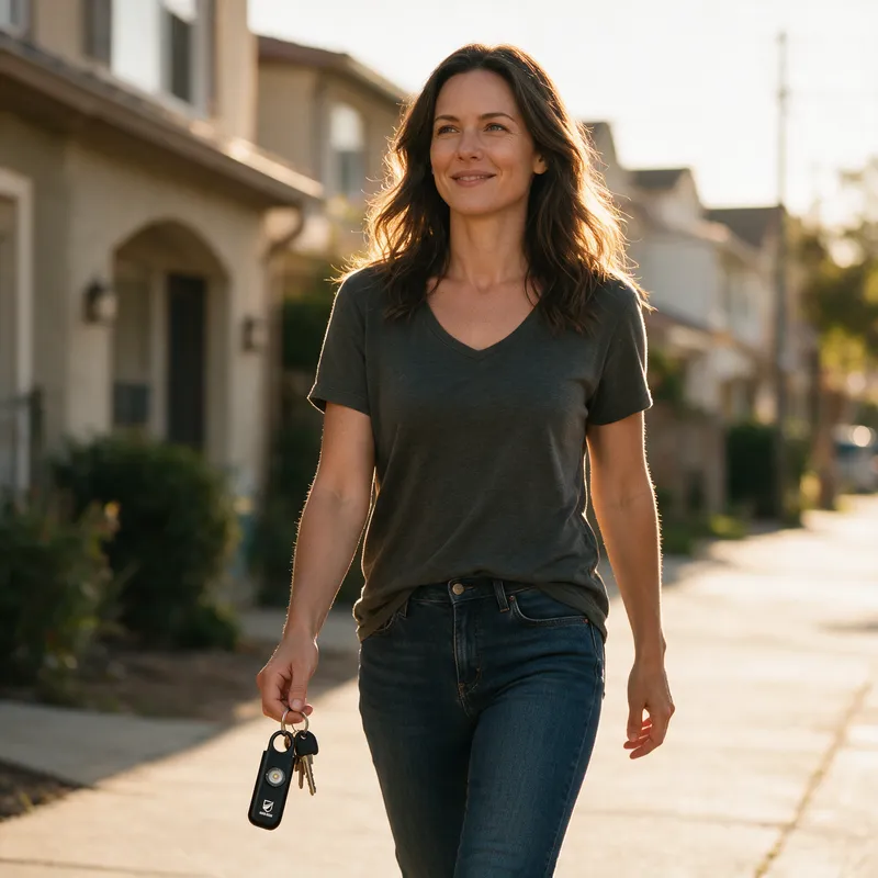 A woman walking a sunlit pavement with the black siren and her keys in hand
