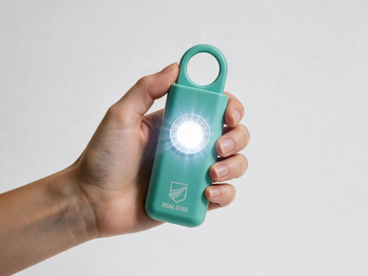 A hand holding the mint siren with its centre LED firing an intense white strobe