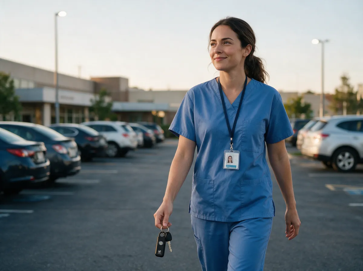 A nurse walking through a hospital car park at dusk, calm, with the black siren on her keys