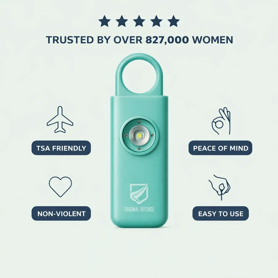 Original Defense Siren infographic: TSA friendly, non-violent, peace of mind, easy to use