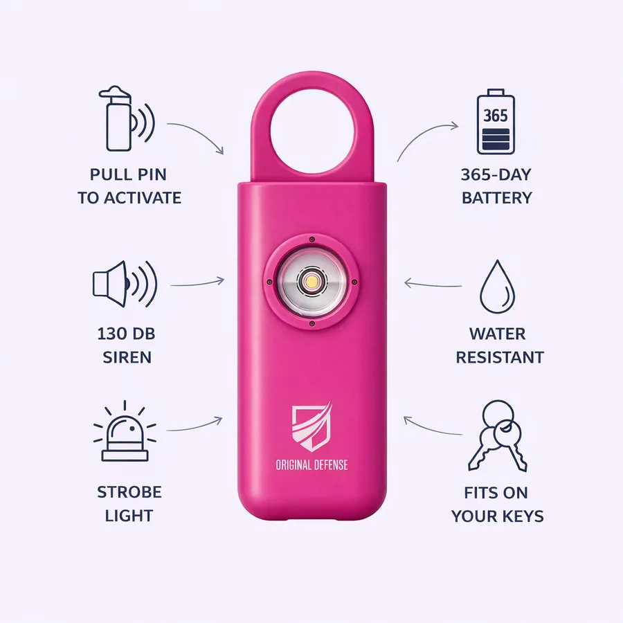 Original Defense Siren features: pull pin to activate, 130dB siren, strobe light, 365-day battery, water resistant, clips to your keys