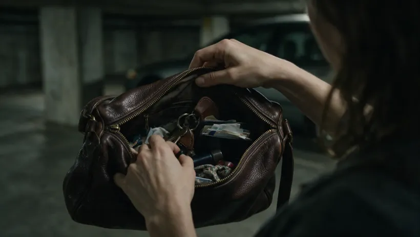 A woman digging through her handbag in a dim parking garage at night