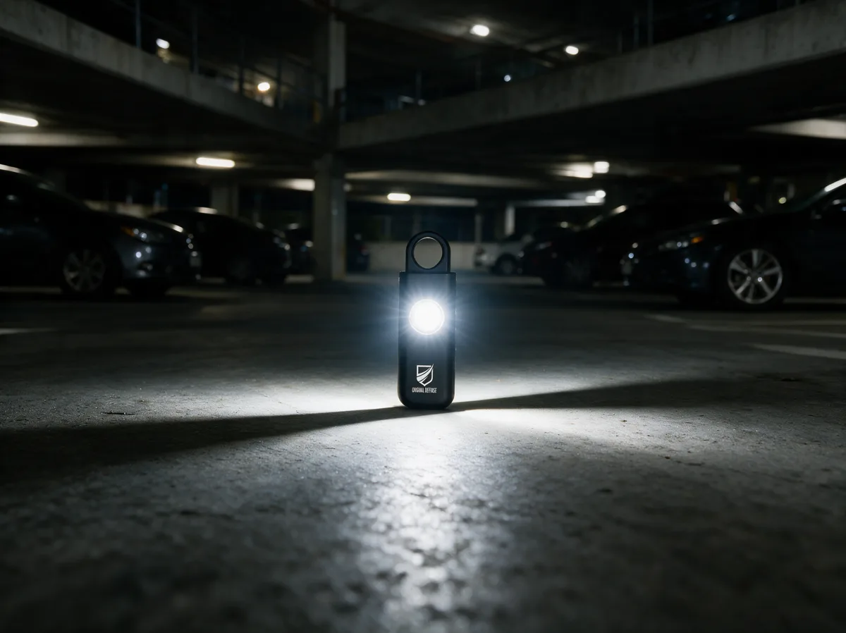The siren going off on the floor of a dark parking garage, its strobe lighting up the concrete and the parked cars