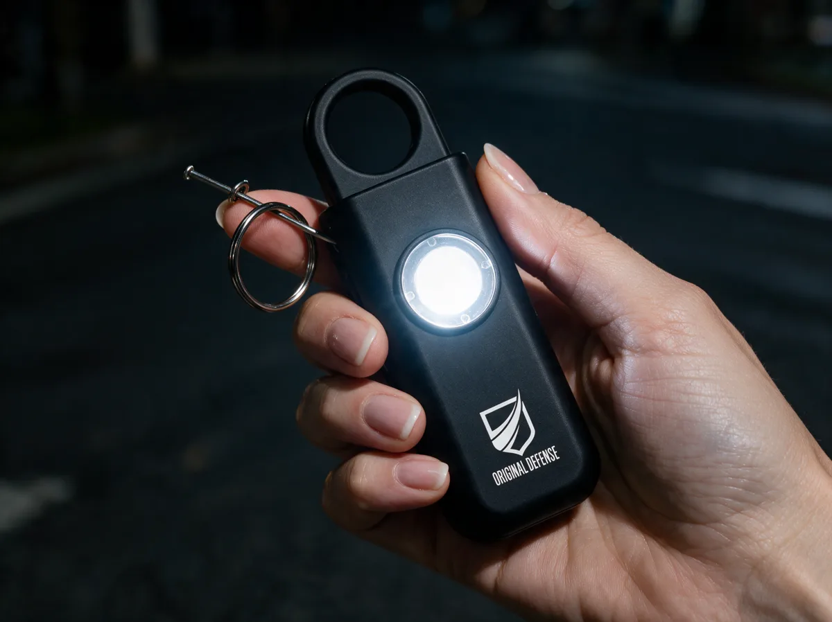 A hand gripping the black siren at night with its centre LED blazing white