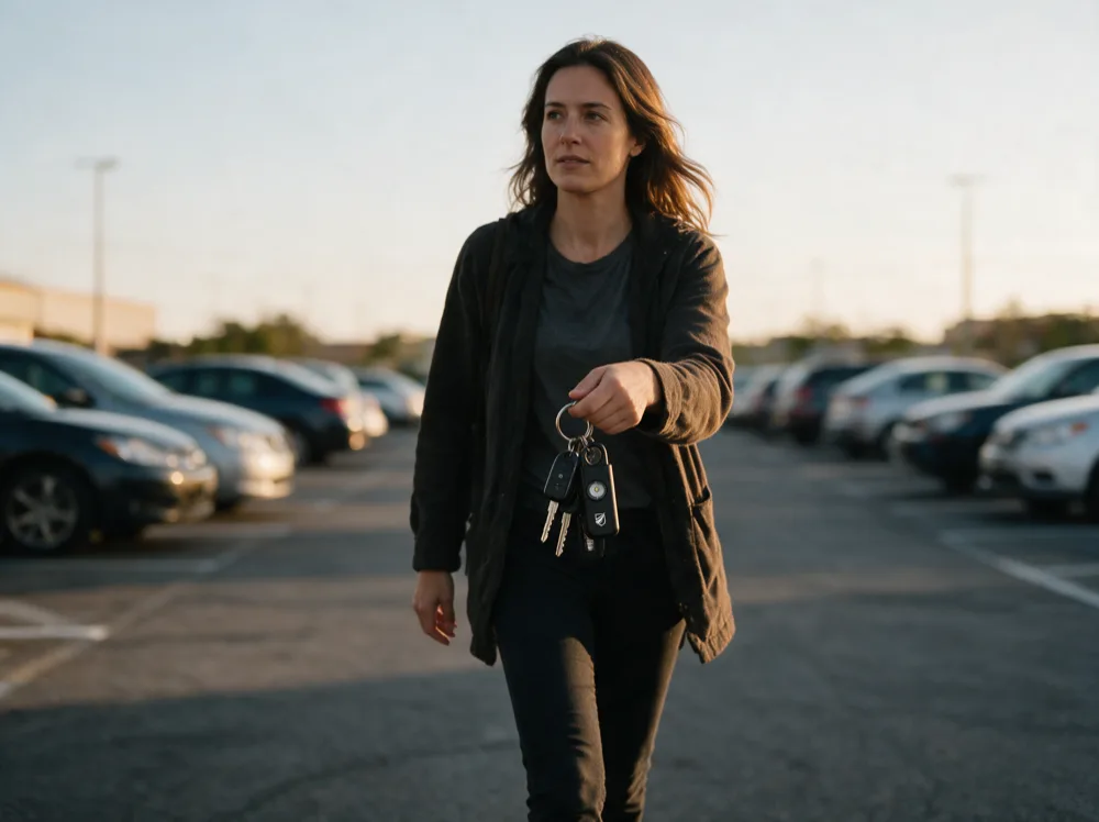 A woman walking through a parking lot at dusk with the black siren on her car keys