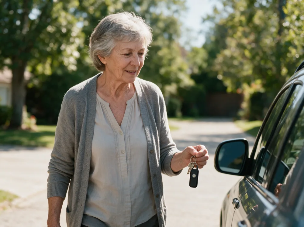 An older woman walking to her car in daylight with the black siren on her keyring