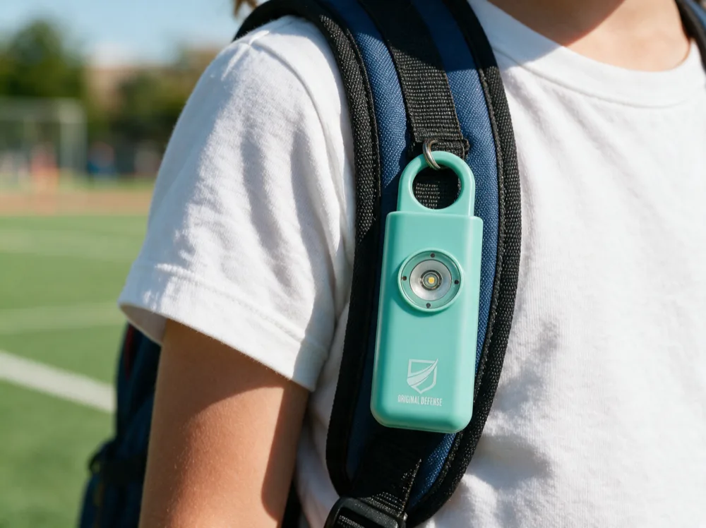 The mint siren clipped to the shoulder strap of a child's school backpack